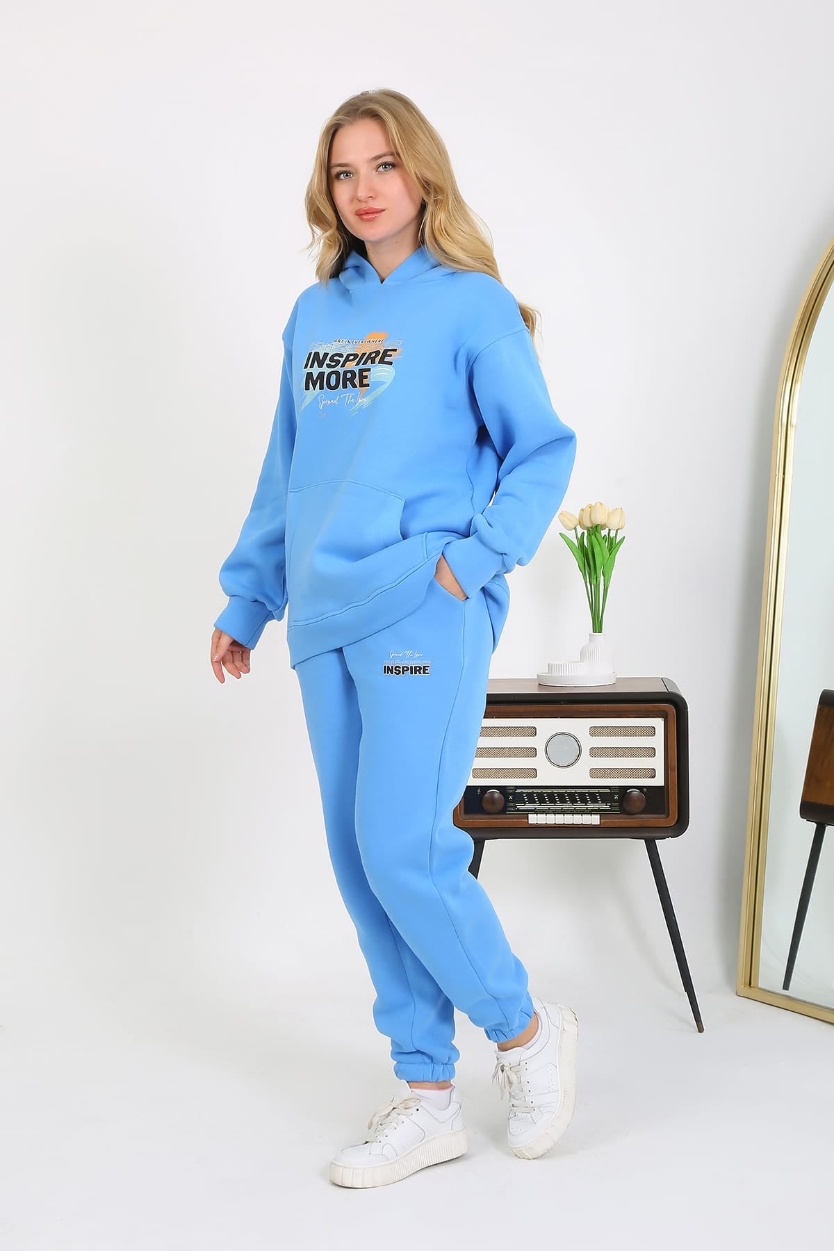 Cliff Kadın Sweat 3 Iplik Eşofman Takımı Yandan Cepli Alt Üst Yumuşacık Içi Polarlı Özel Baskılı